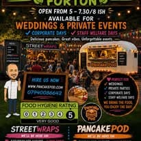 Pancake Pod flyer: available for weddings and private events, corporate days and staff welfare days. Delicious pancakes, great vibes, unforgettable events. Food Hygiene Rating 5, Very Good