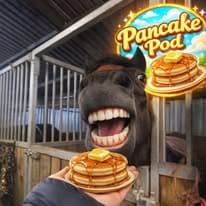 Playful Pancake Pod promo artwork: a grinning horse in a stable eyeing a stack of pancakes with butter and syrup